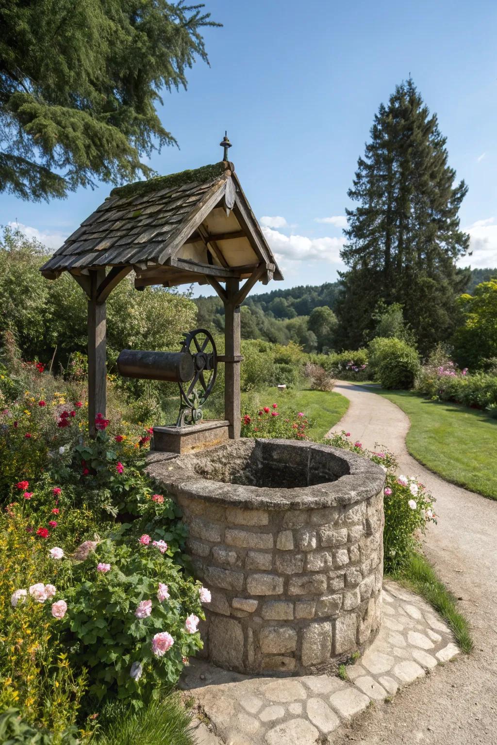 A wishing well with an elegant stone foundation, perfect for a sophisticated garden.