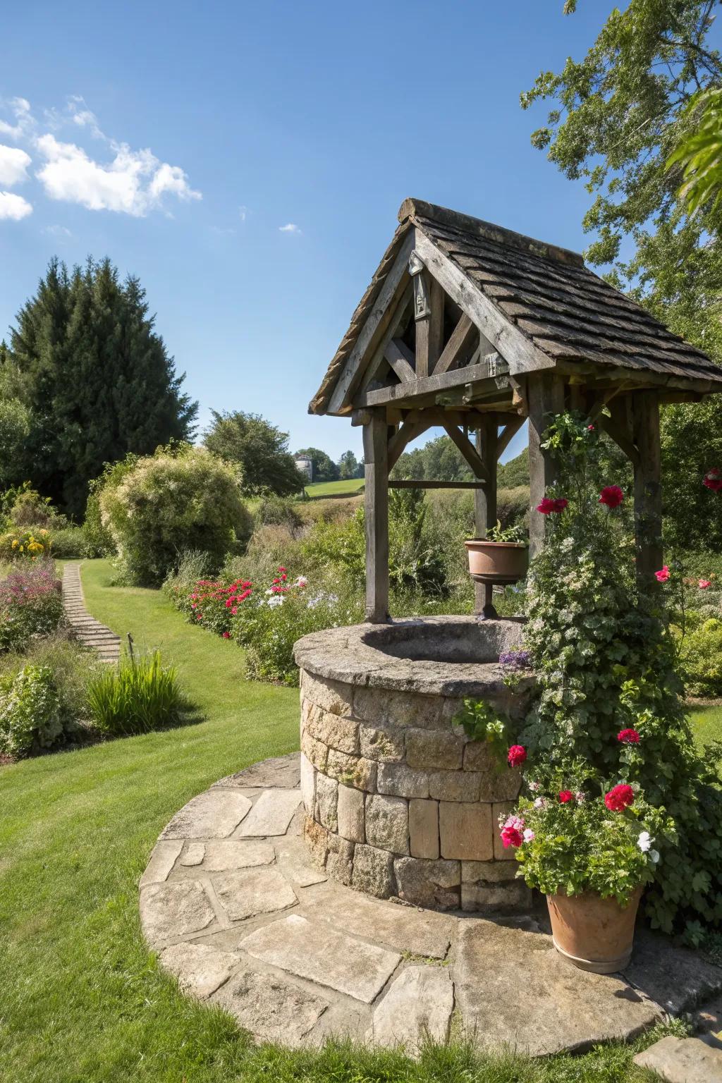 Stone wishing wells offer durability and a commanding presence.