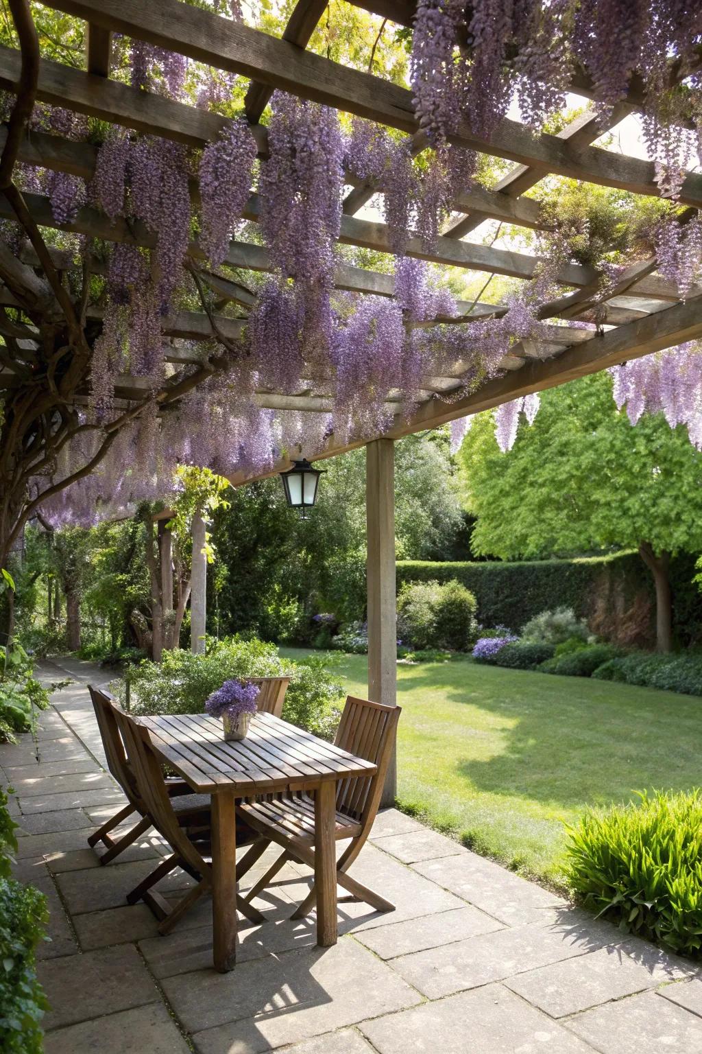 A backyard pergola adorned with wisteria, offering a shaded spot for relaxation.