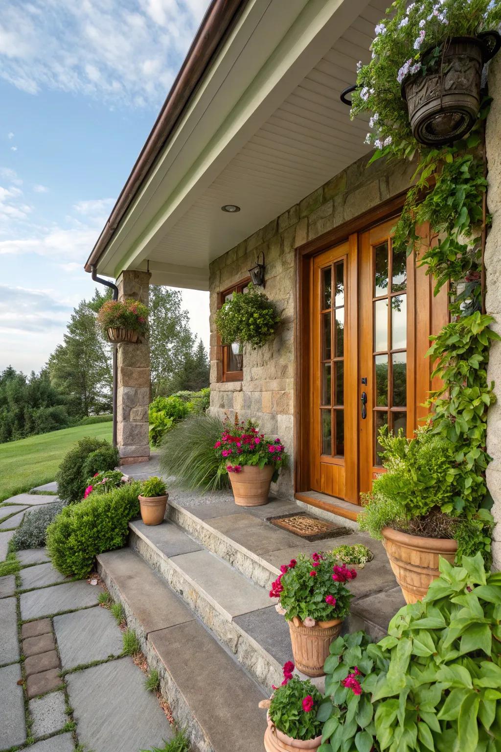 Create a welcoming entrance with stone porches.