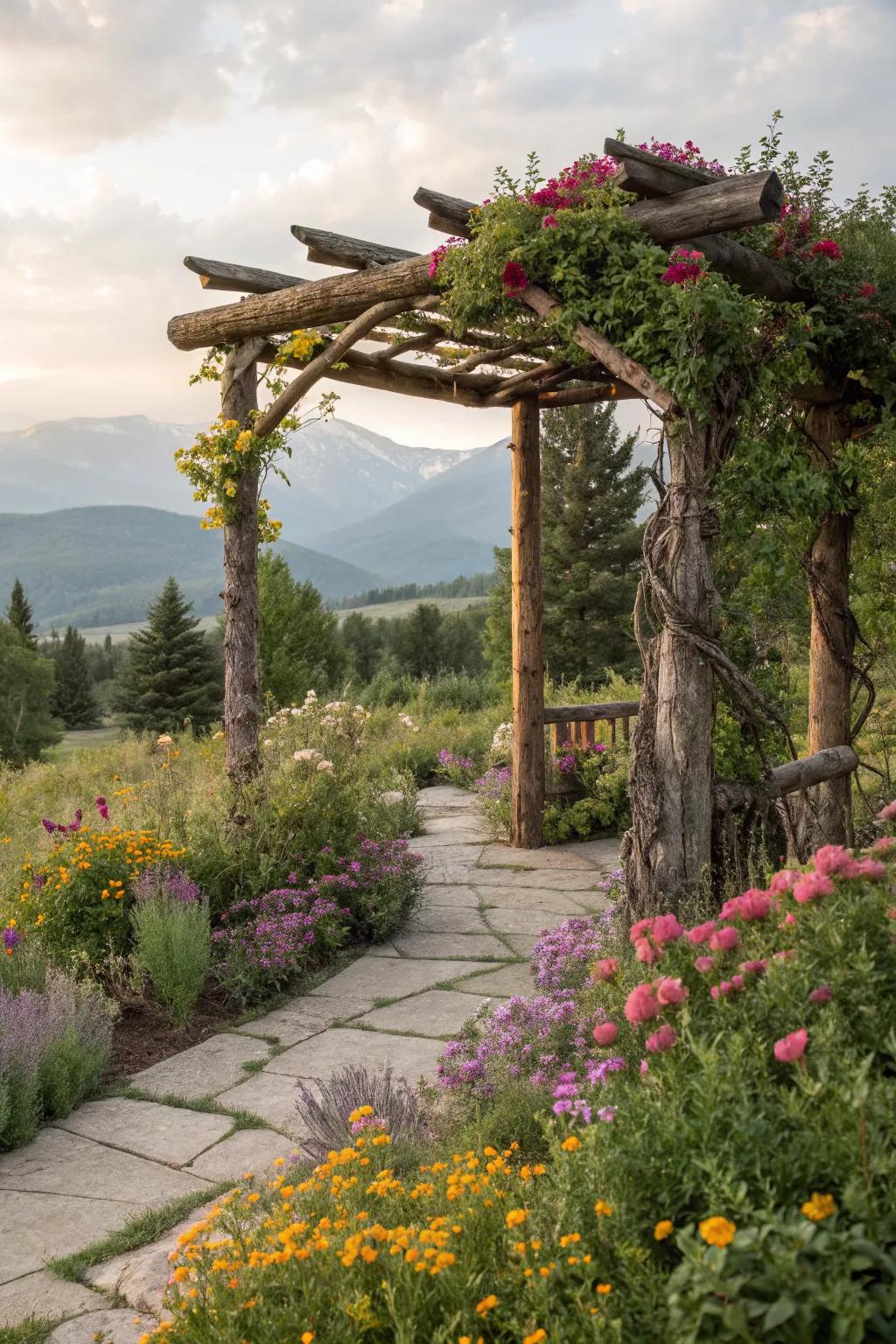 Rustic log arbor surrounded by wildflowers and vines.