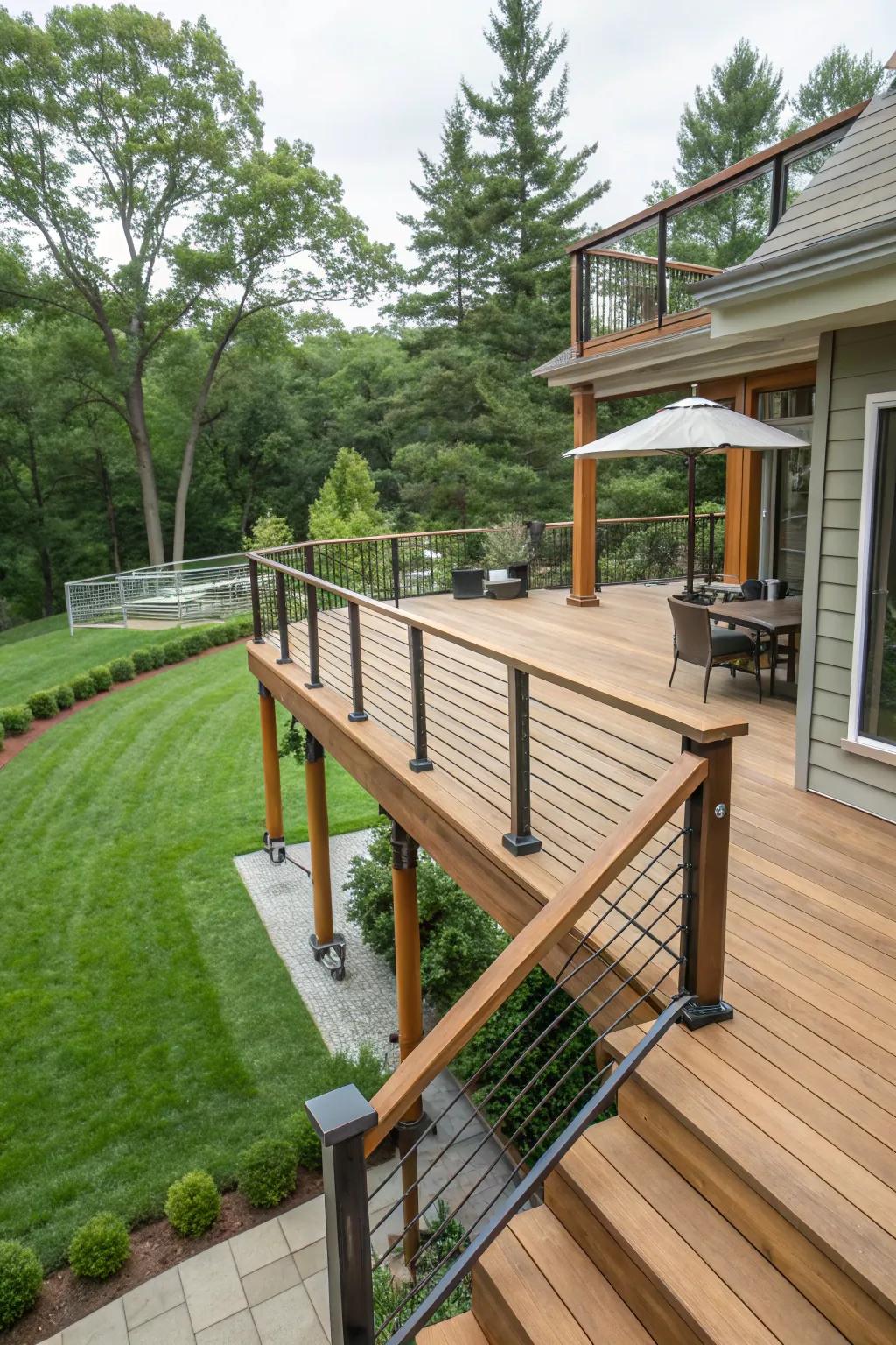 Mixing wood and metal for a modern and inviting deck railing.
