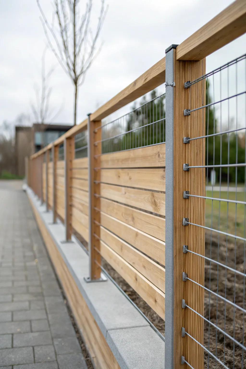 Modern minimalist wood and wire fence with horizontal slats for a sleek look.