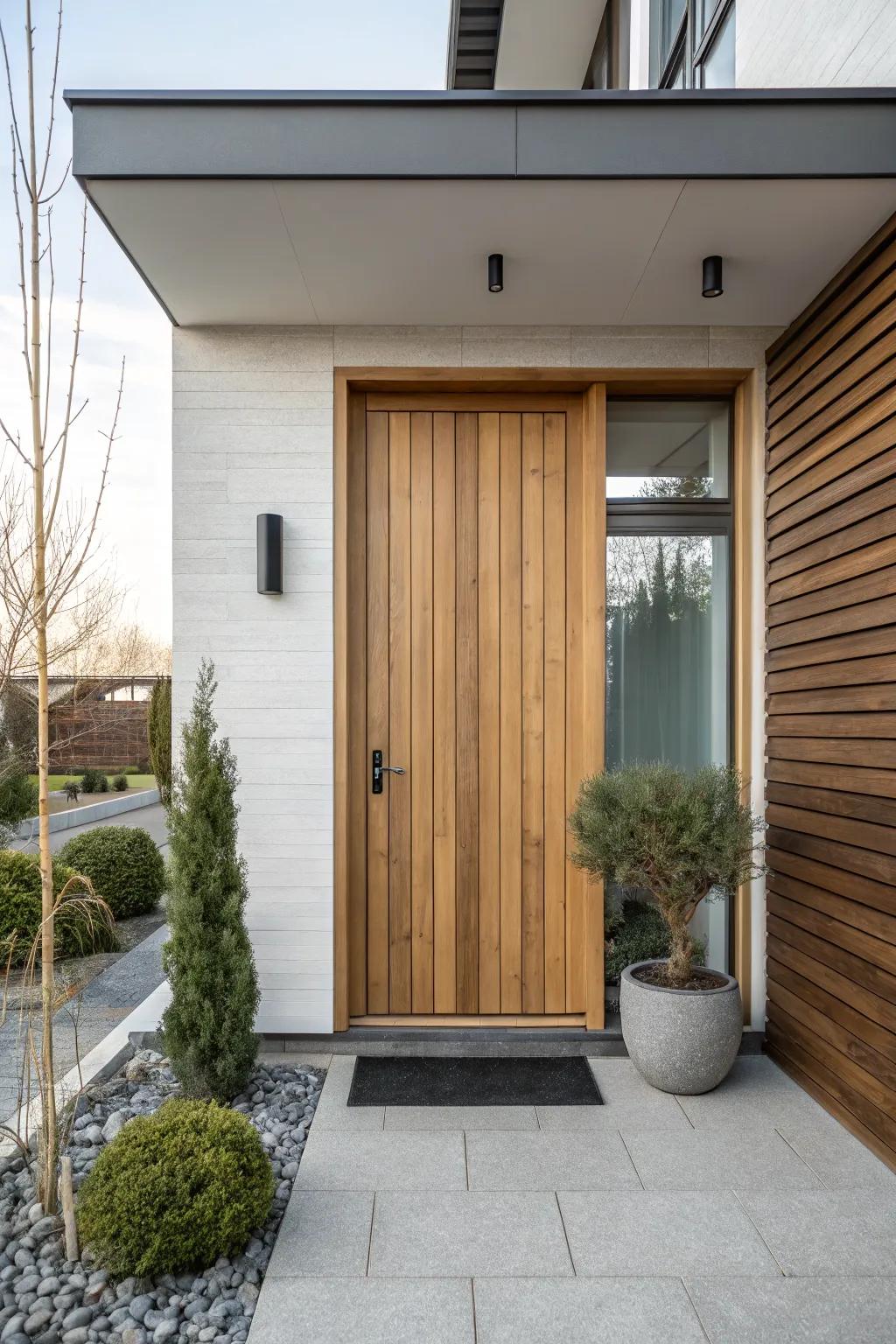 A minimalist wooden front door with sleek vertical paneling.