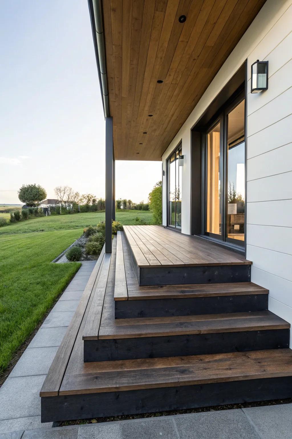 Dark-stained steps offer a sleek, modern look.
