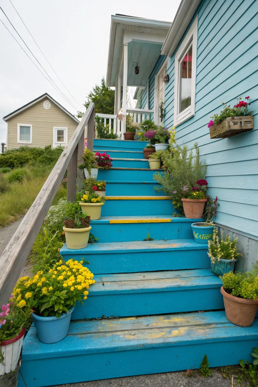 Vibrant painted steps add a touch of personality to the entrance.