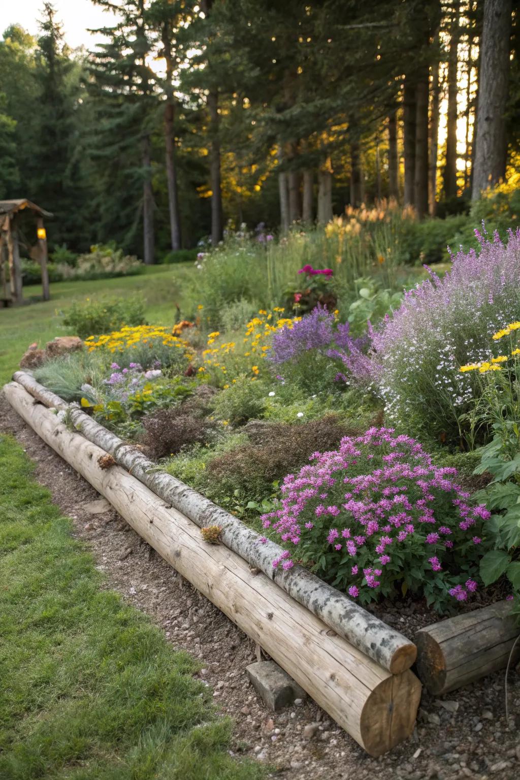 Rustic log edging brings a natural woodland vibe to your garden.