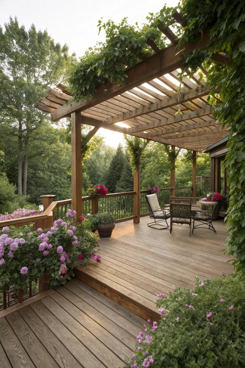 A wooden patio deck with an elegant pergola.