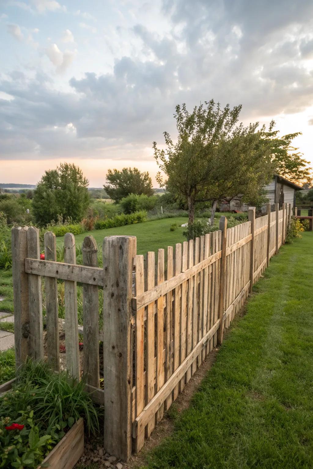 A rustic pallet picket fence adds eco-friendly charm to this garden.