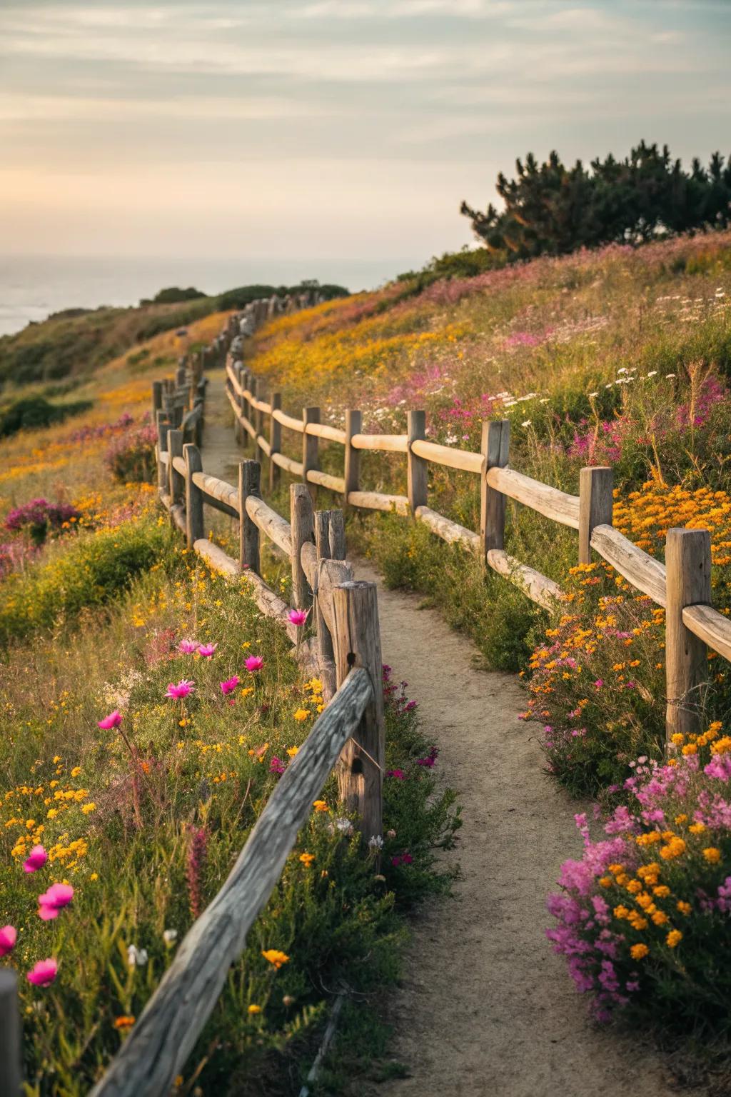 A zig-zag fence adds a dynamic touch to the garden's edge.