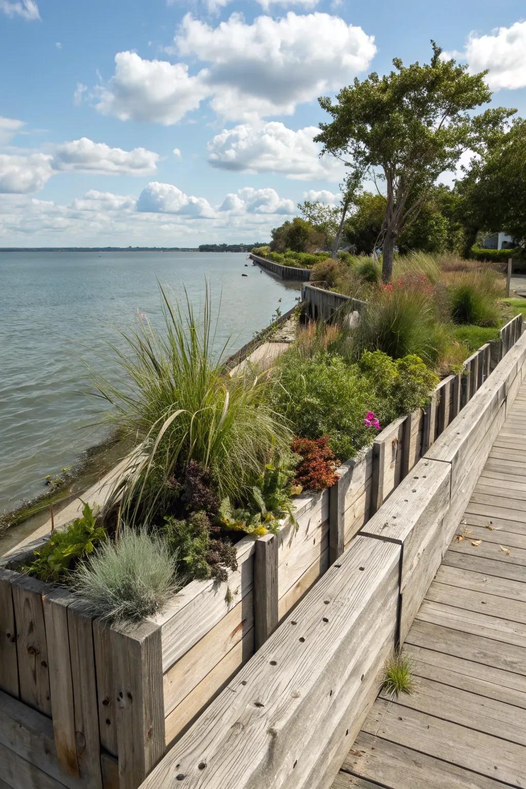 Native plants in planters breathe life into this wooden seawall design.