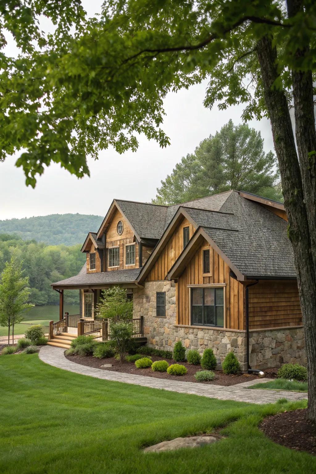 Natural wood and stone create timeless elegance.