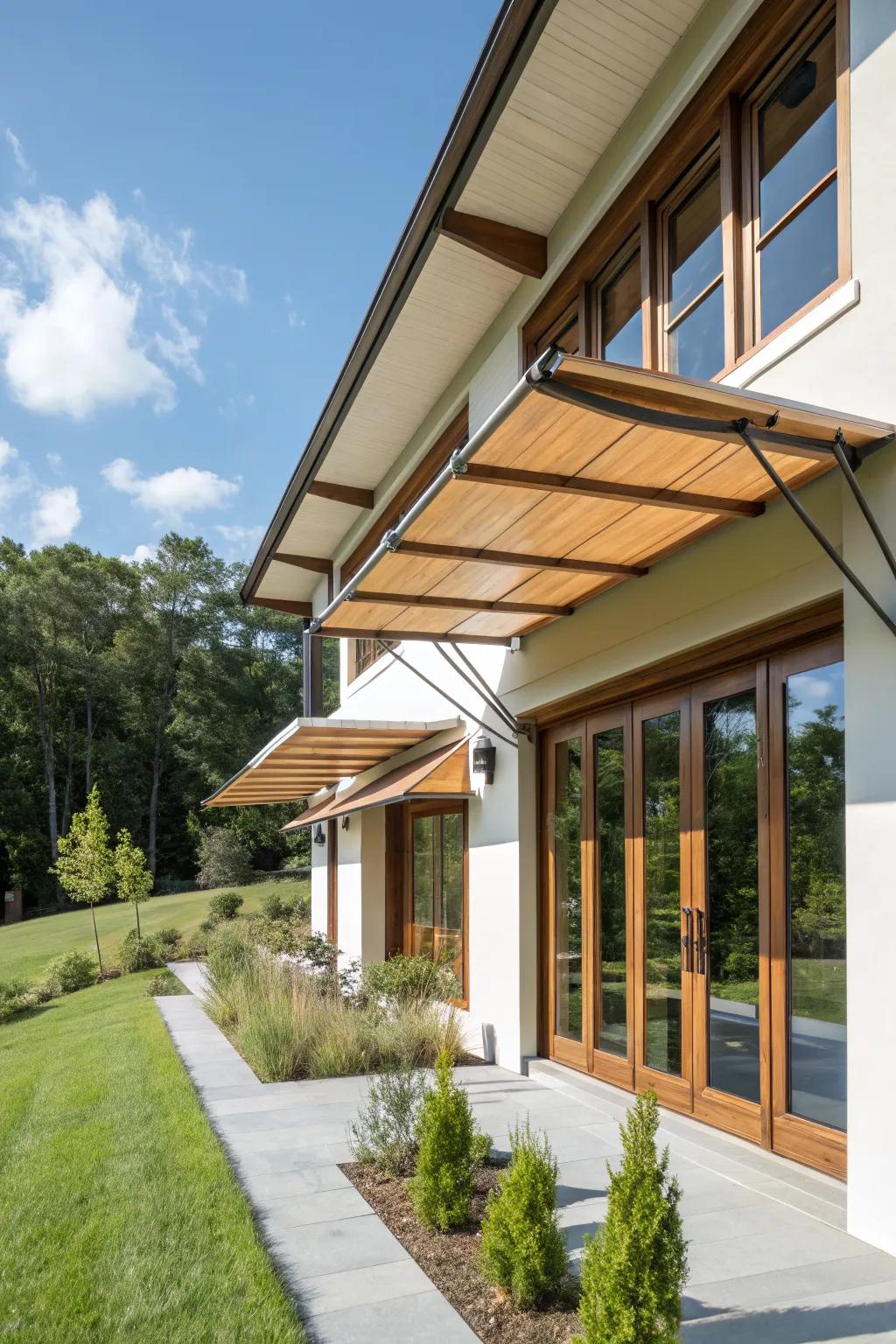 Minimalist wood awnings bring sleek elegance to a modern home.