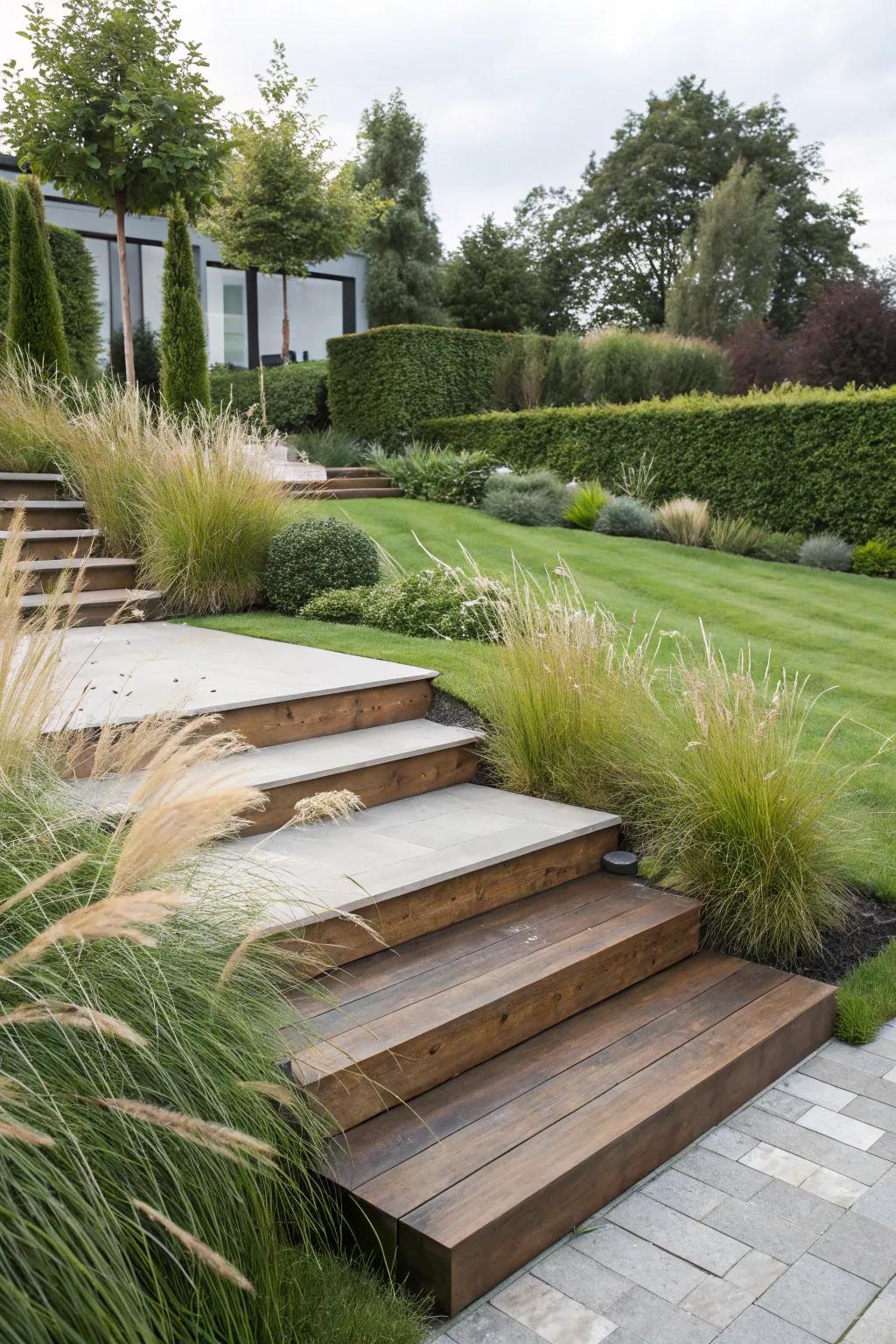 Sleek wooden steps in a modern garden landscape.