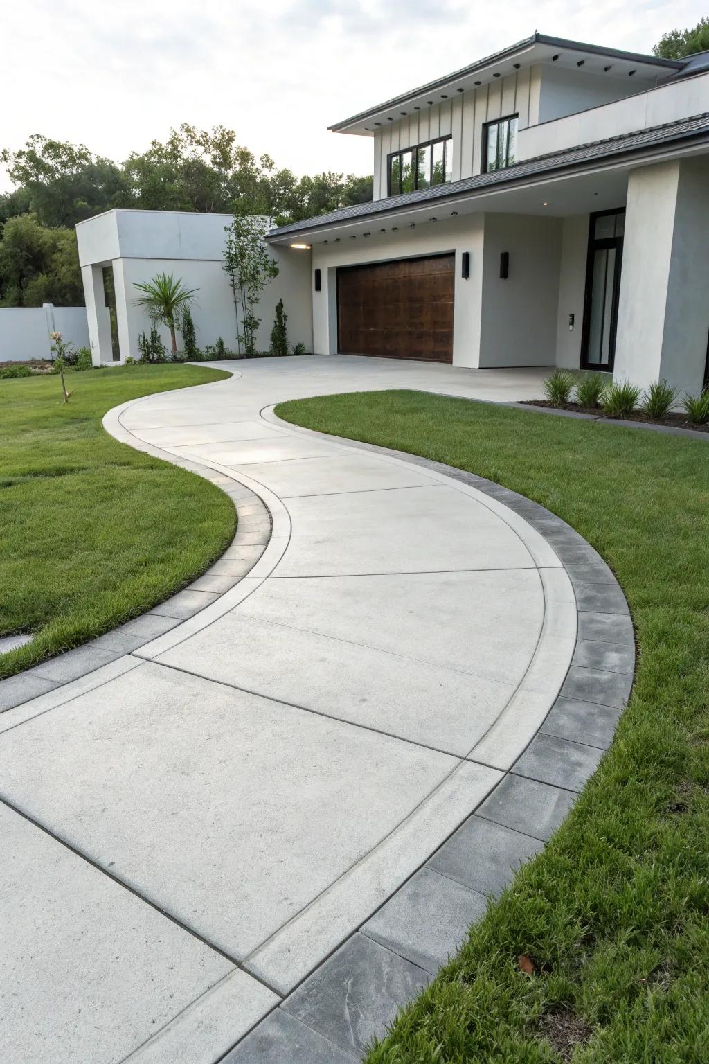 A modern wrap around driveway with sleek concrete pavers.