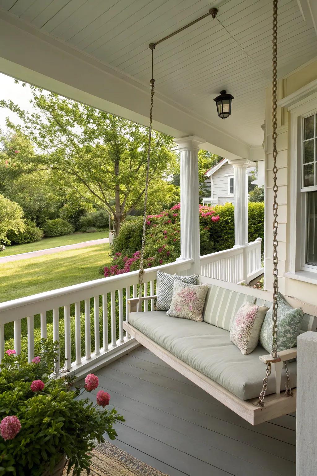 Cozy porch swing on a wrap around porch with garden view