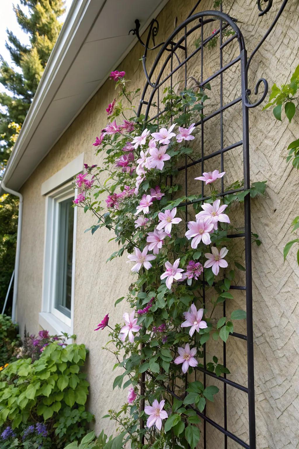 A wall-mounted trellis offers a vertical canvas for your favorite vines.