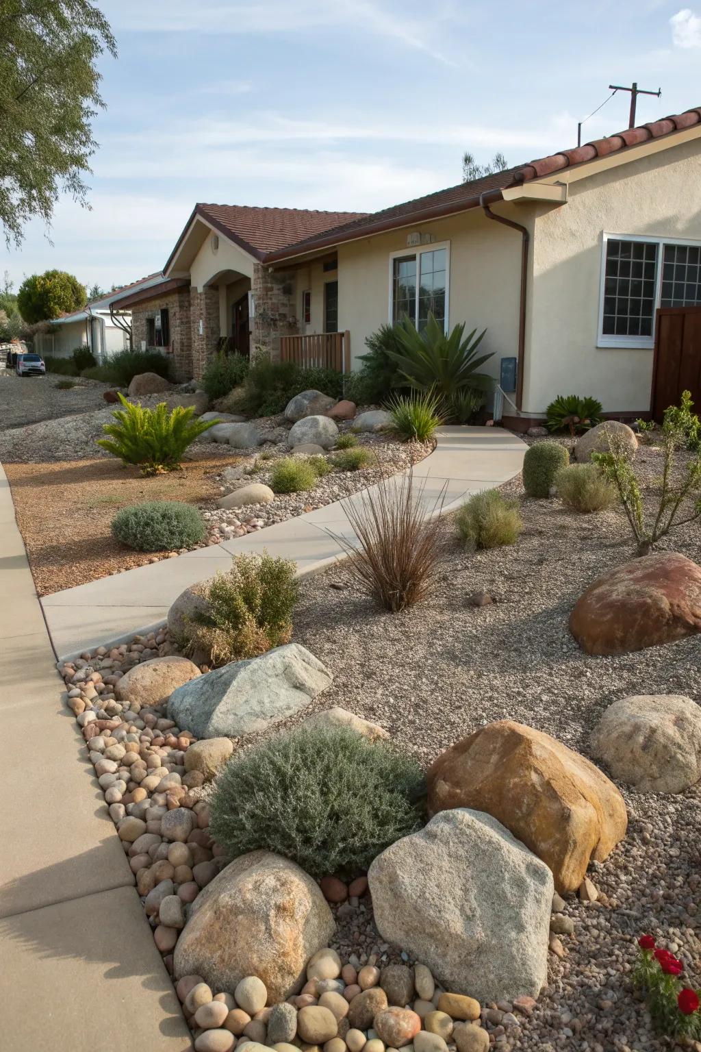A rock and gravel oasis in a xeriscape front yard.