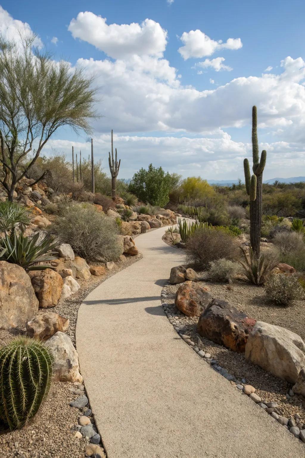A gravel pathway weaving through a water-efficient garden.