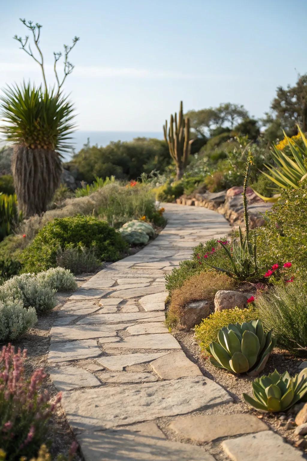 A charming stone pathway through a xeriscape garden.