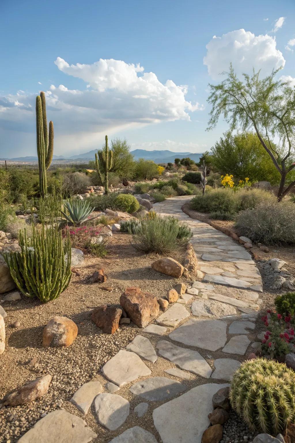 An elegant xeriscape garden with rock pathways and gravel in New Mexico.