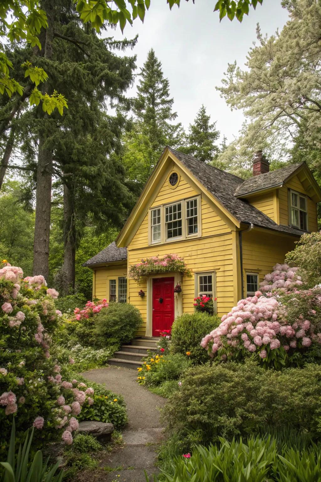 Red doors bring a dramatic flair to yellow homes.