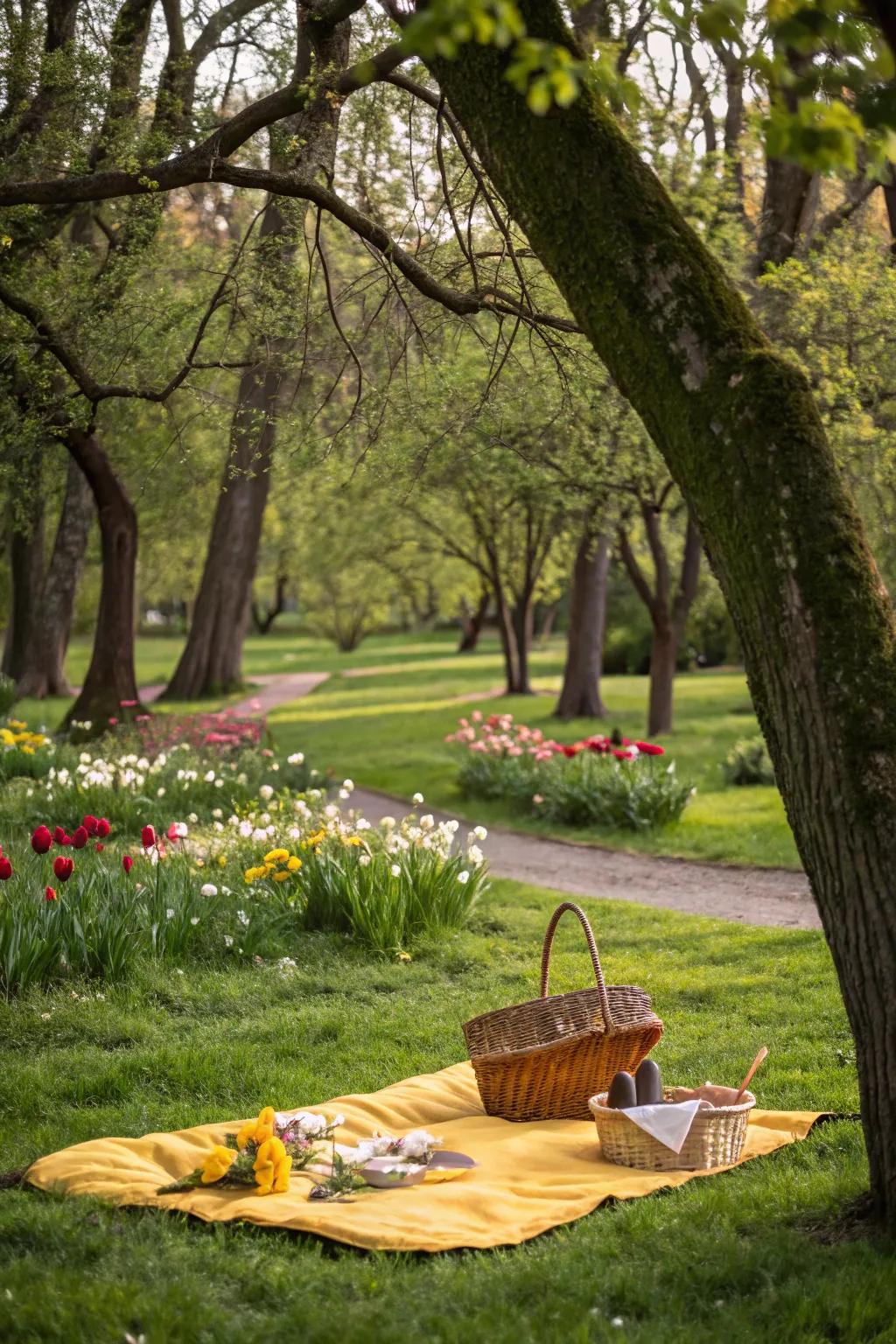 A serene park setting providing the perfect backdrop for a yellow-themed picnic.