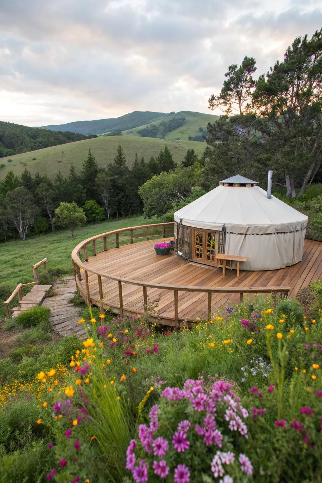A round deck complements the yurt's shape beautifully.