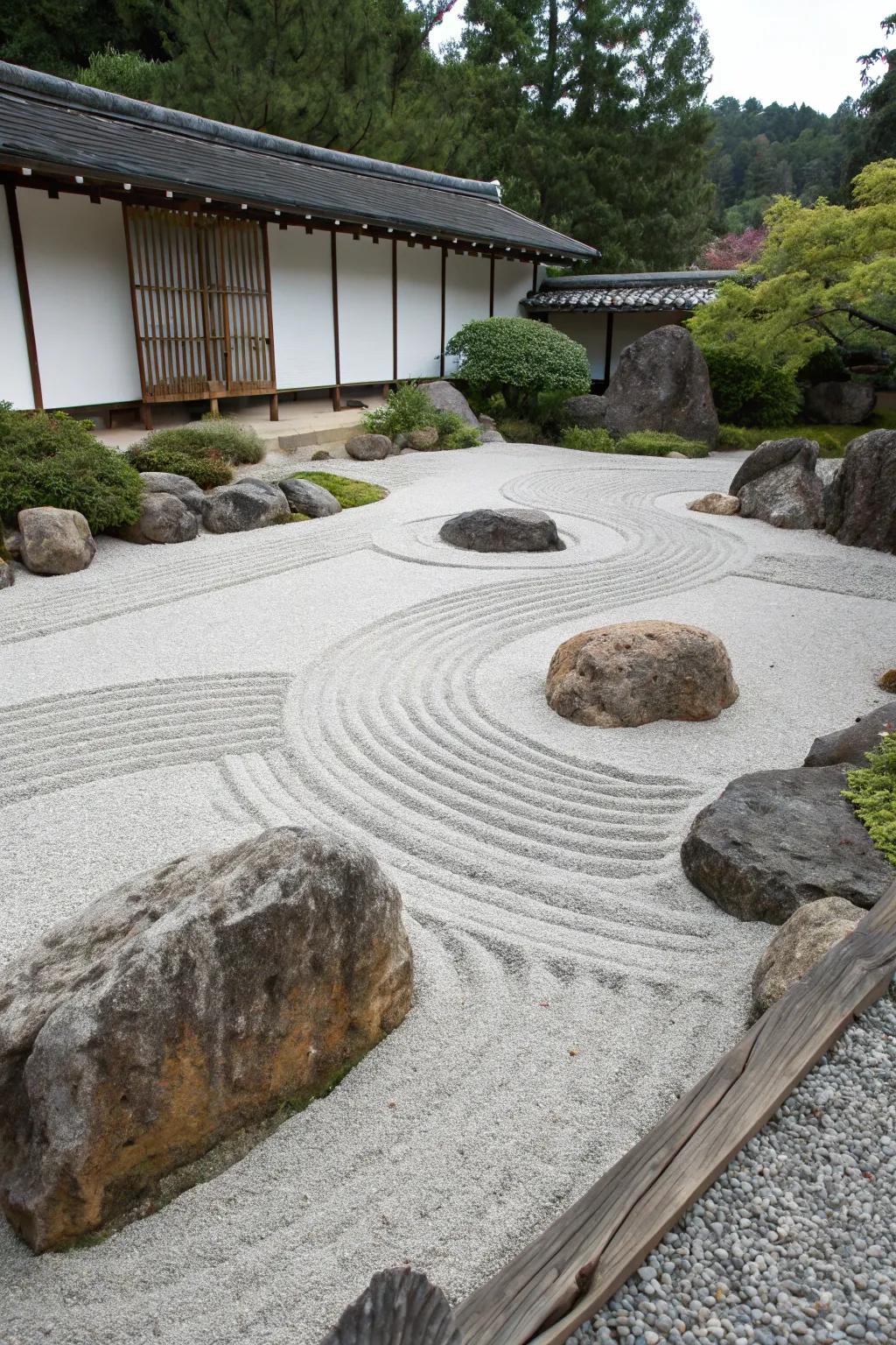 A tranquil space with artfully raked gravel.