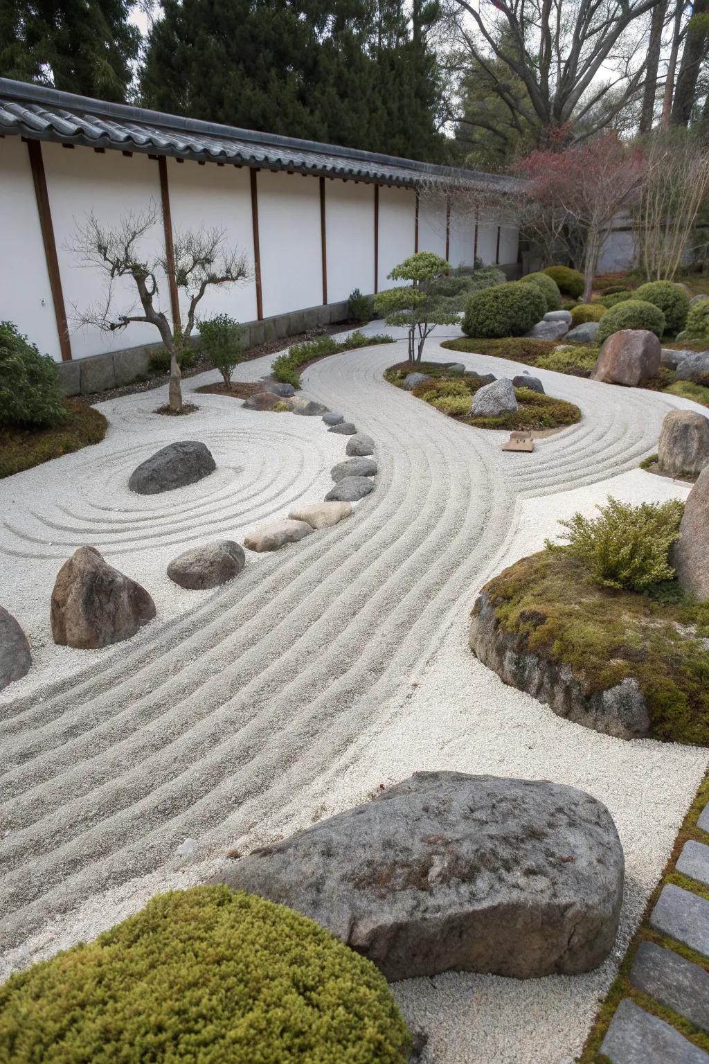 Wavy patterns in gravel creating a serene water illusion in a zen garden.