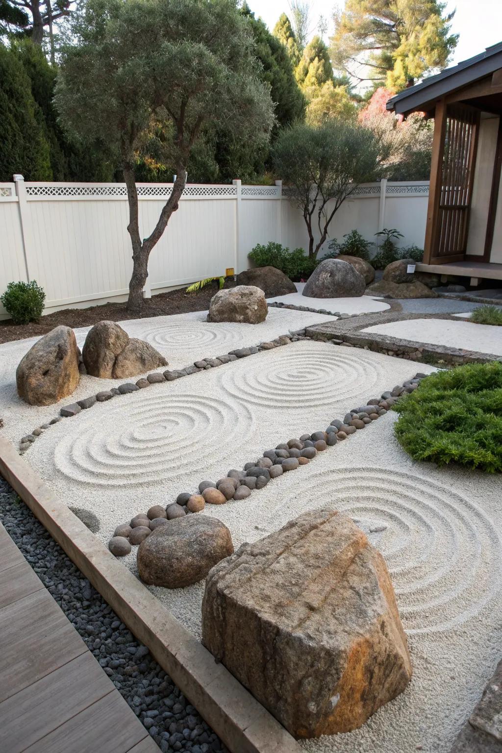 Geometric patterns in sand create a structured and calming atmosphere.
