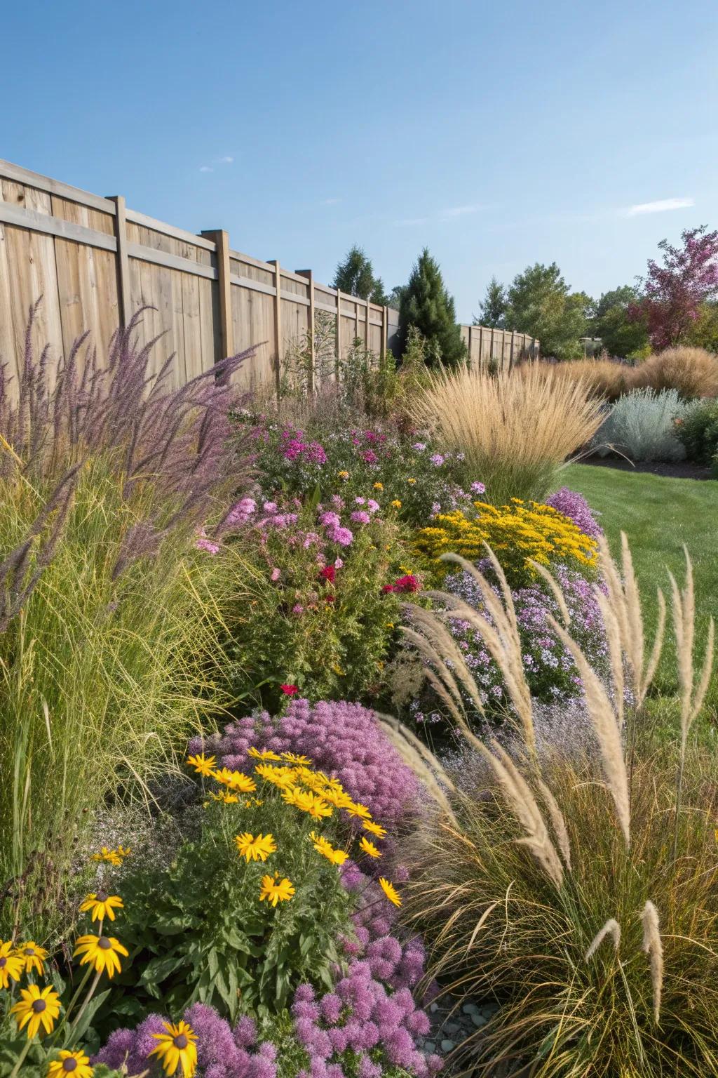 Ornamental grasses and colorful perennials add vibrant hues.