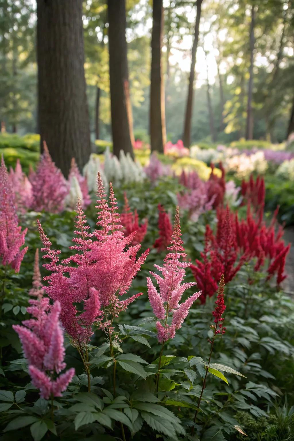 Astilbes light up the shade with their vibrant, fluffy blooms.