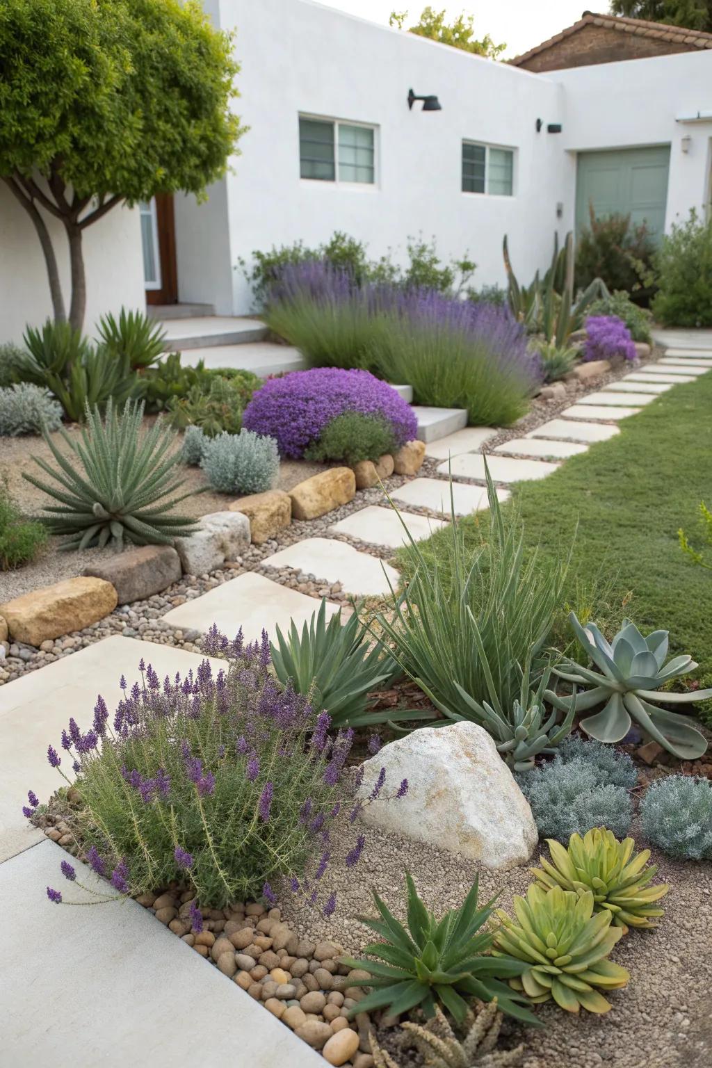 A drought-resistant garden with succulents and lavender, ideal for zone 8b.