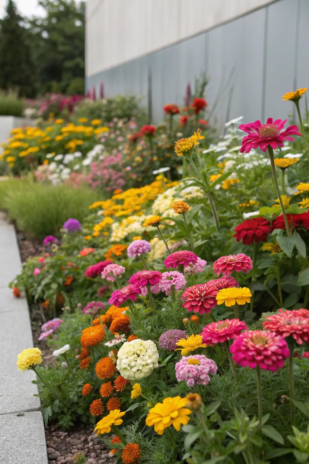 A vibrant flower bed with a mix of brightly colored blooms.