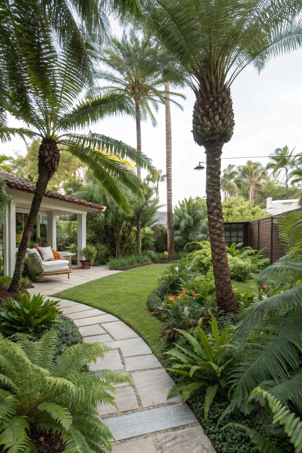 A tropical escape with palms and ferns in a zone 9b backyard.