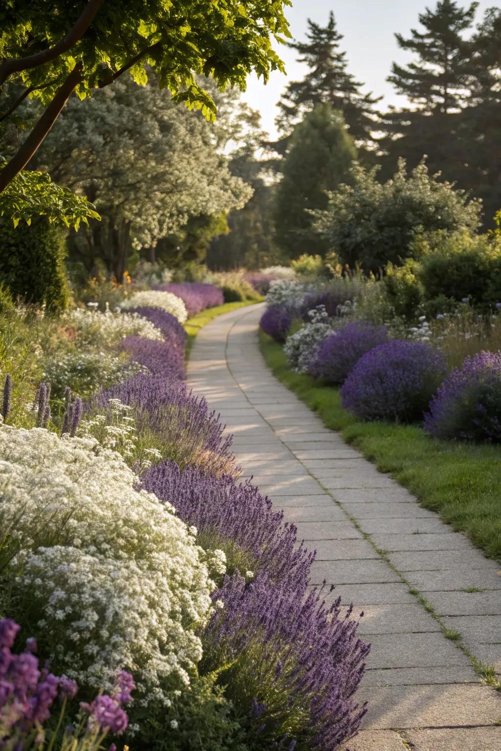 A fragrant journey with lavender and sweet alyssum along the path.