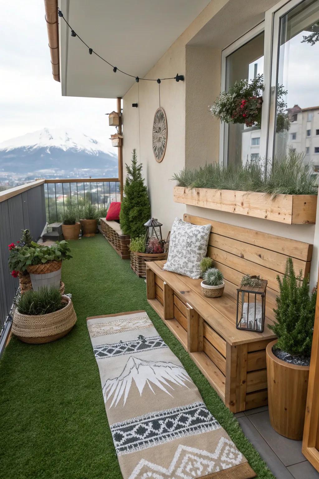 Achieve alpine chalet vibes with artificial grass and rustic decor.