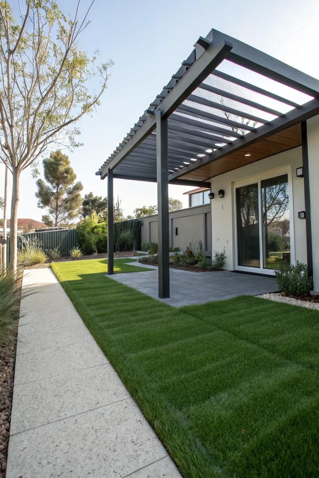 A modern pergola adds shade and elegance to your artificial grass landscape.