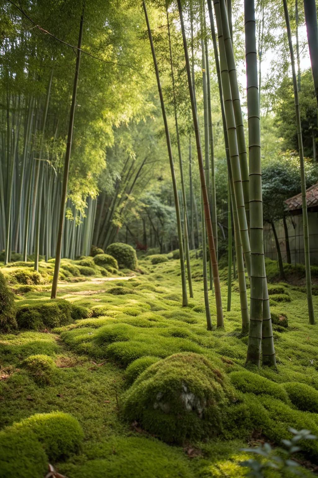 Moss and bamboo together create a tranquil setting.