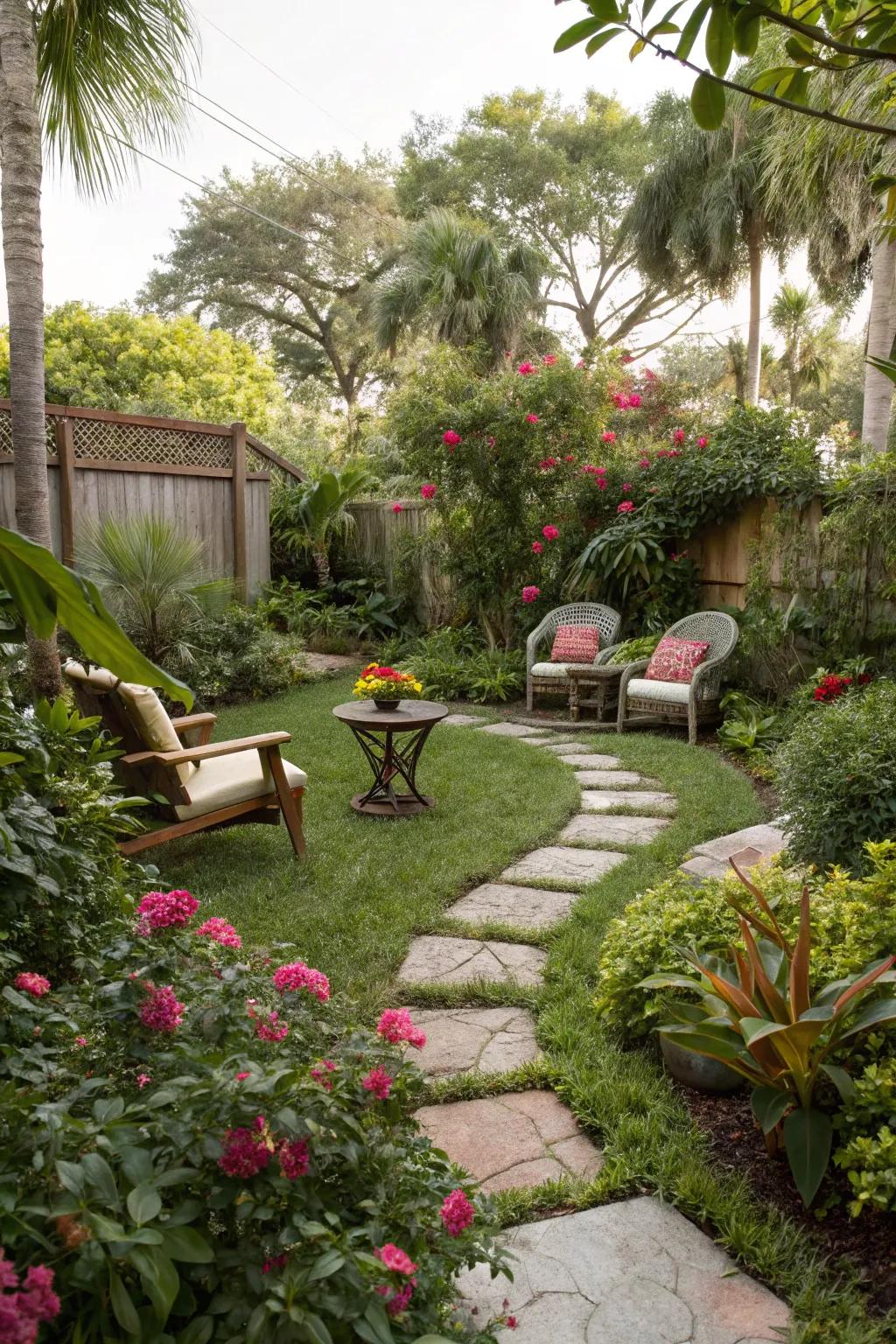 A secret garden nook with hidden paths in a Florida backyard.