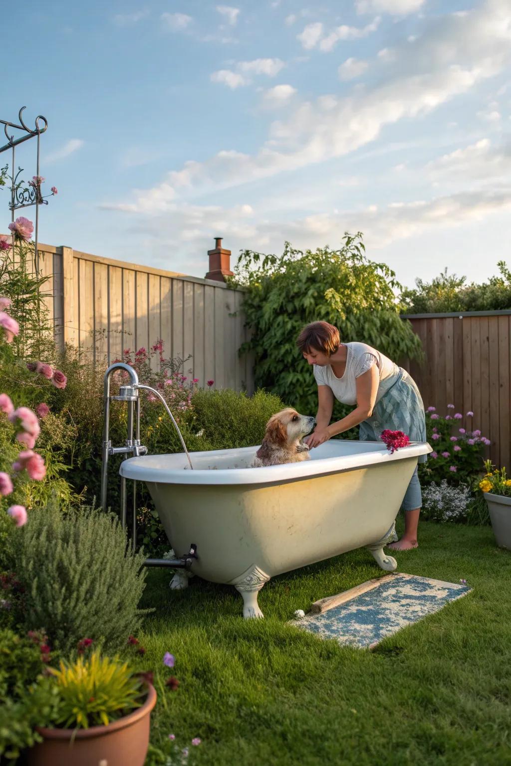 A convenient pet bathing station using an old bathtub.