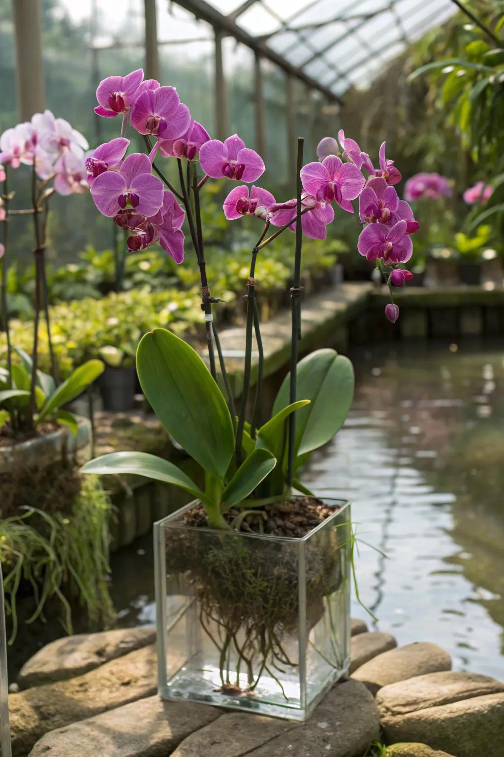 Orchids growing in water providing a surprising visual delight.