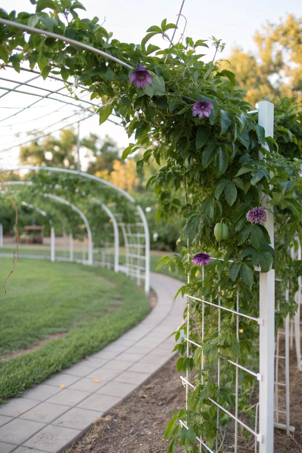 A minimalist wire trellis showcasing the beauty of passion fruit vines.