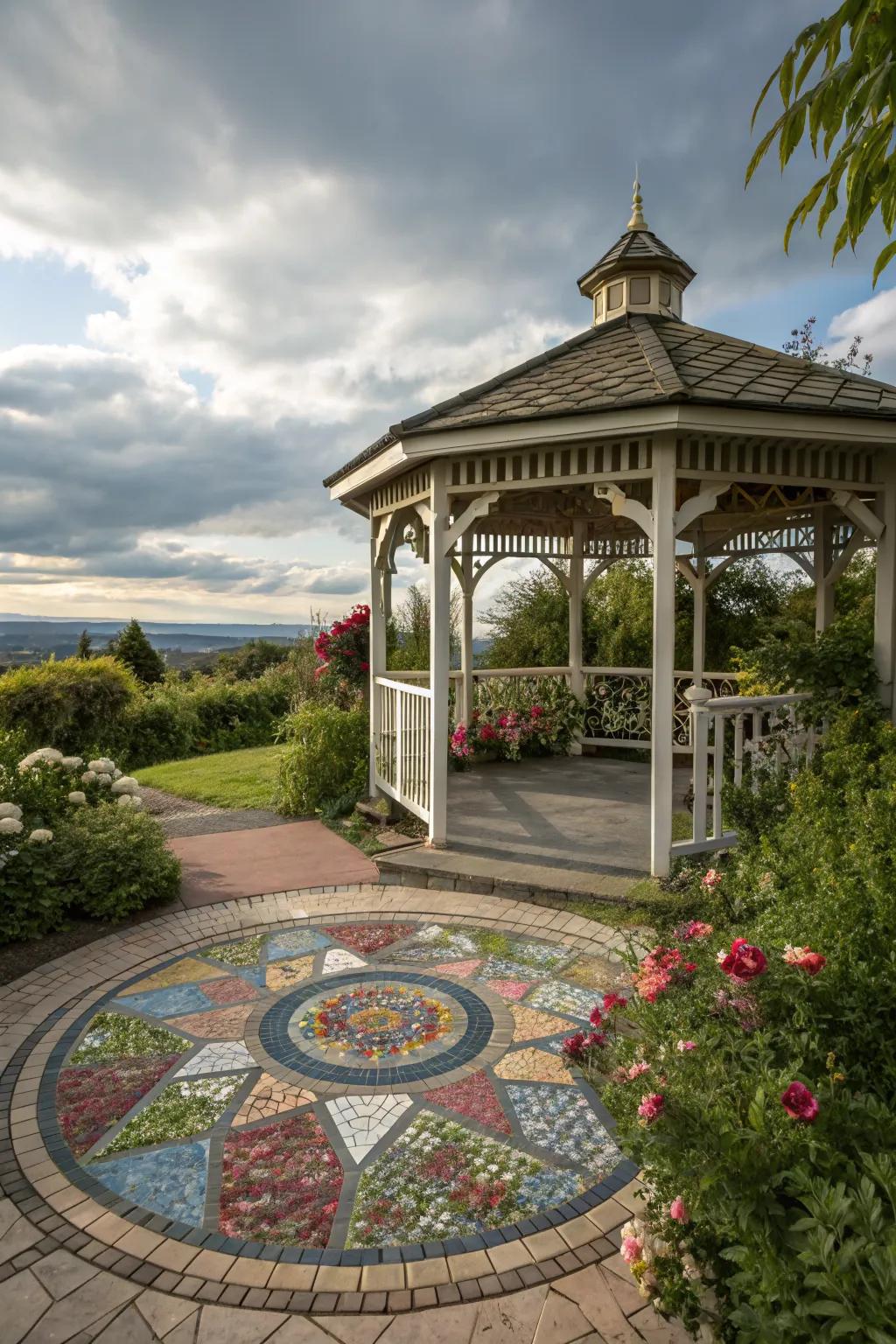 A gazebo featuring an intricate mosaic floor.