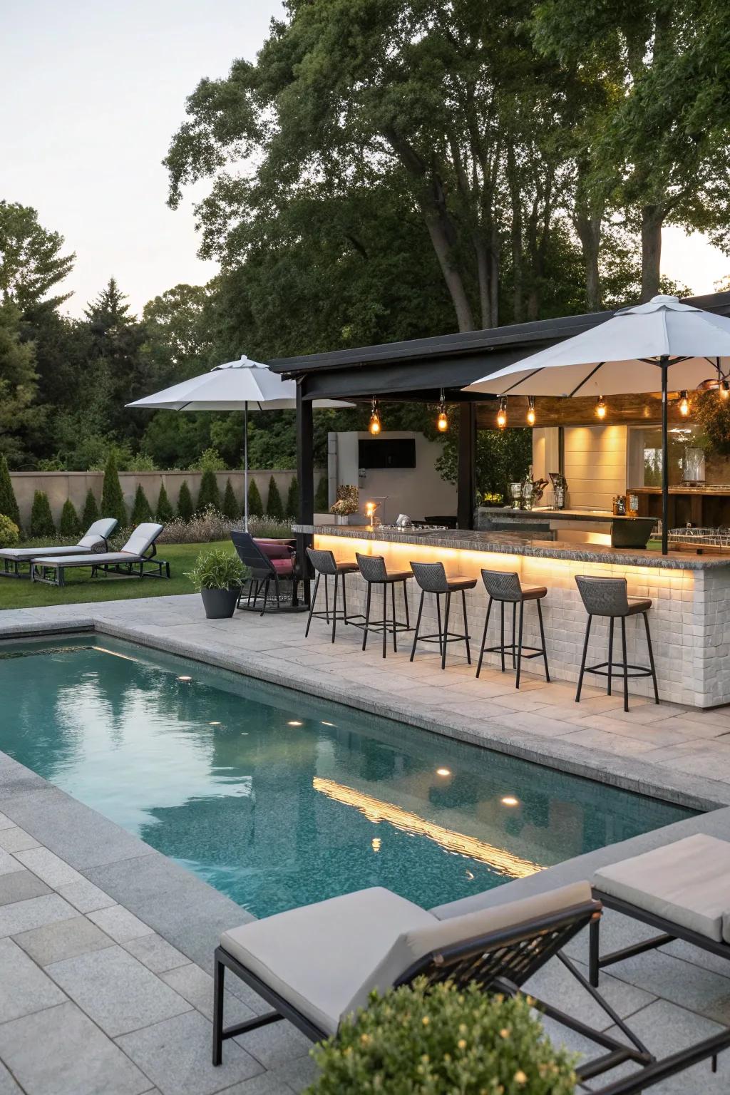 A resort-like pool area with a chic outdoor bar for entertaining.