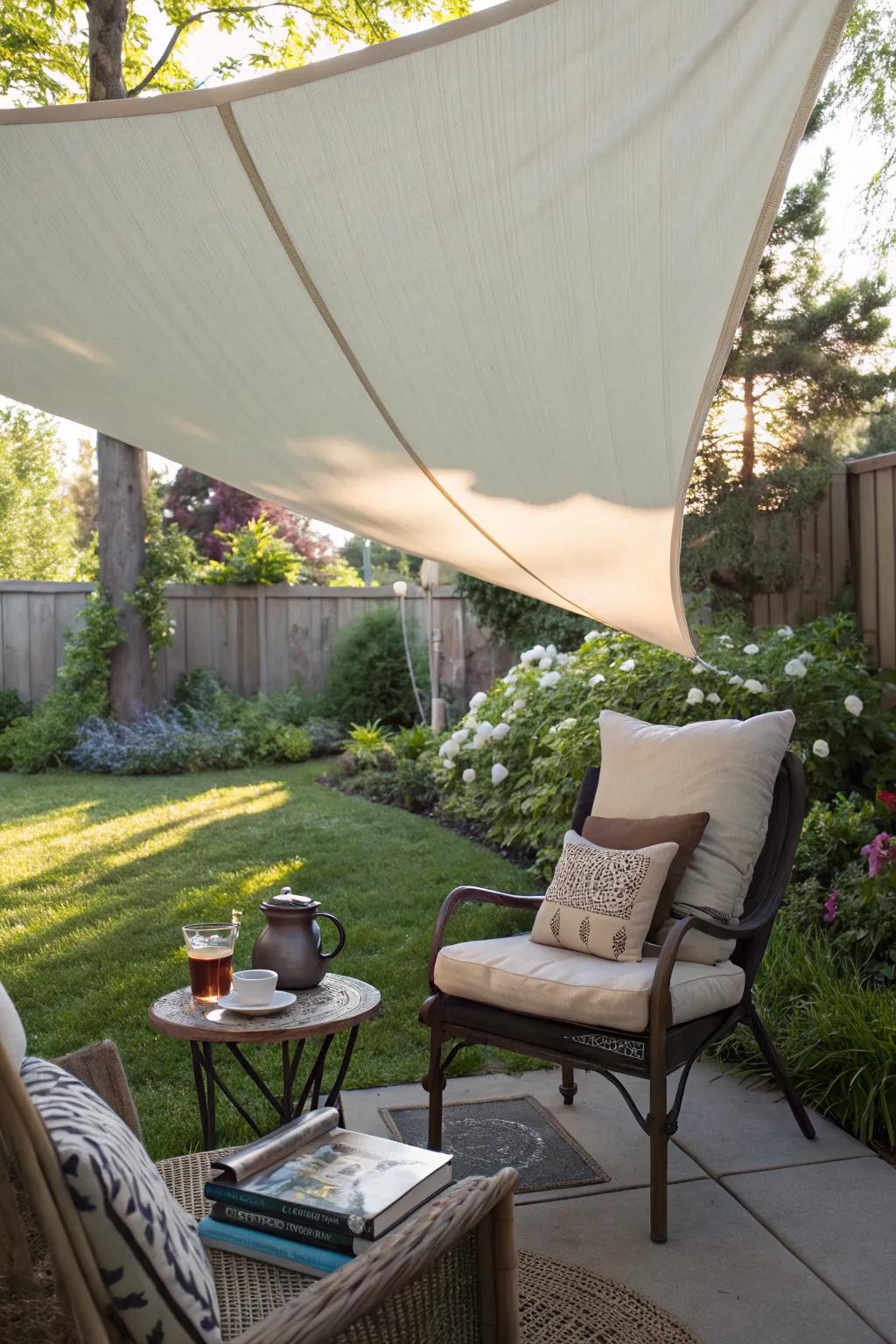 Sail shades creating a peaceful and shaded reading nook in a backyard.