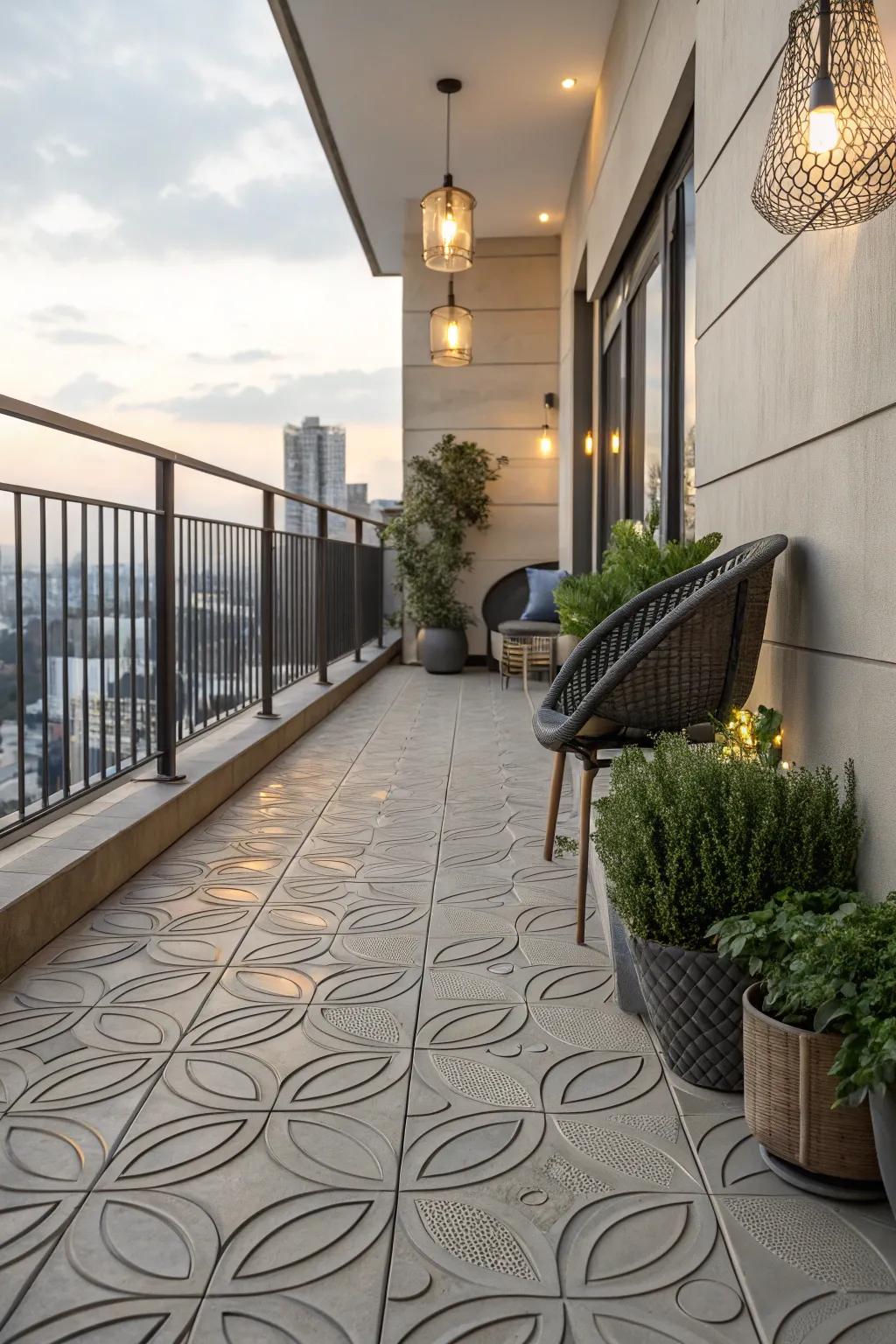 3D textured tiles add depth and artistic flair to your balcony.