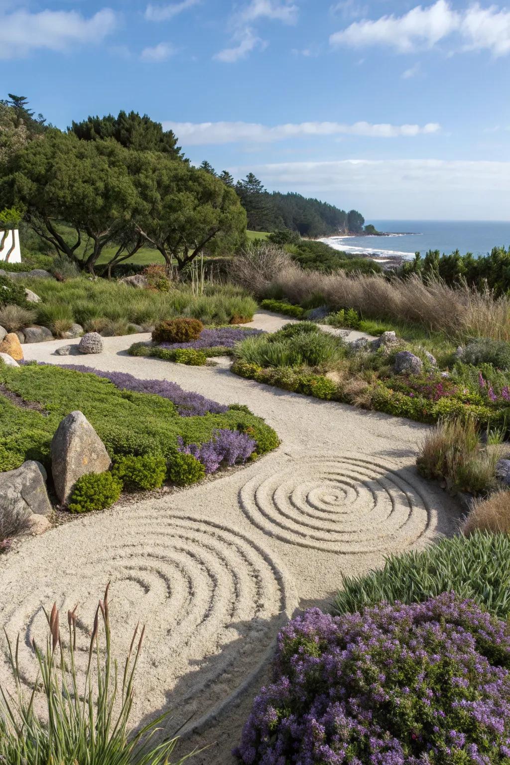 Artistic sand patterns provide a meditative and personalized element.