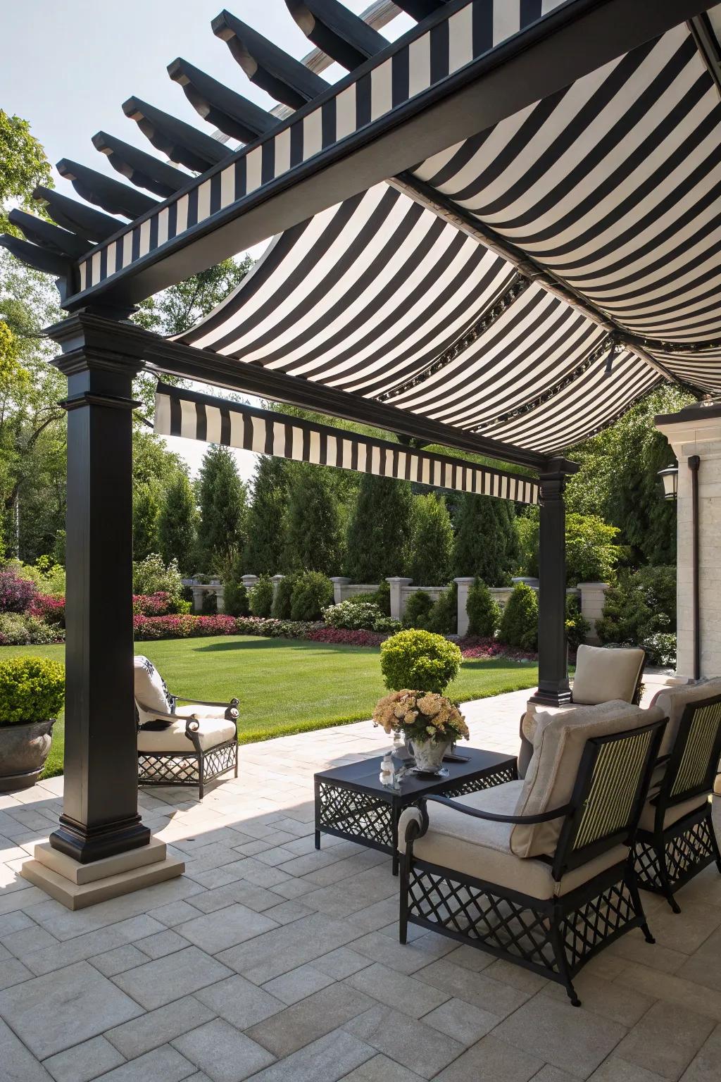 Sophisticated shade with a striped pergola canopy.